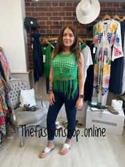 Green boho crochet tassel vest sizes 8 and 10-12