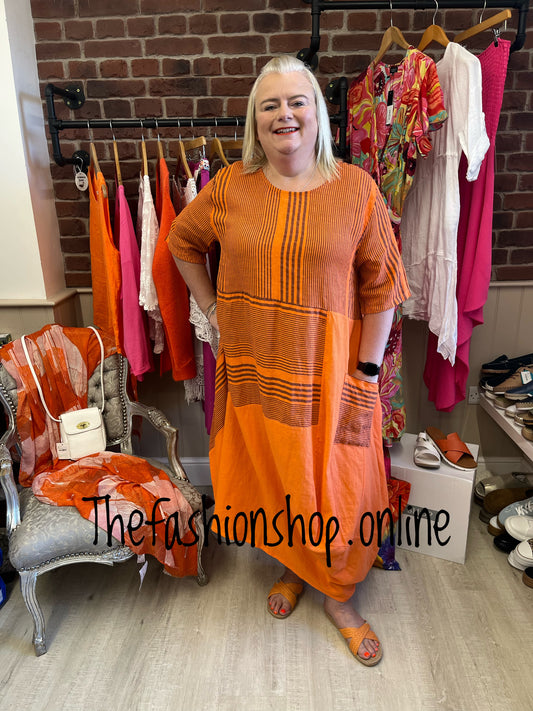 Orange Funky Striped Linen Dress 14-22