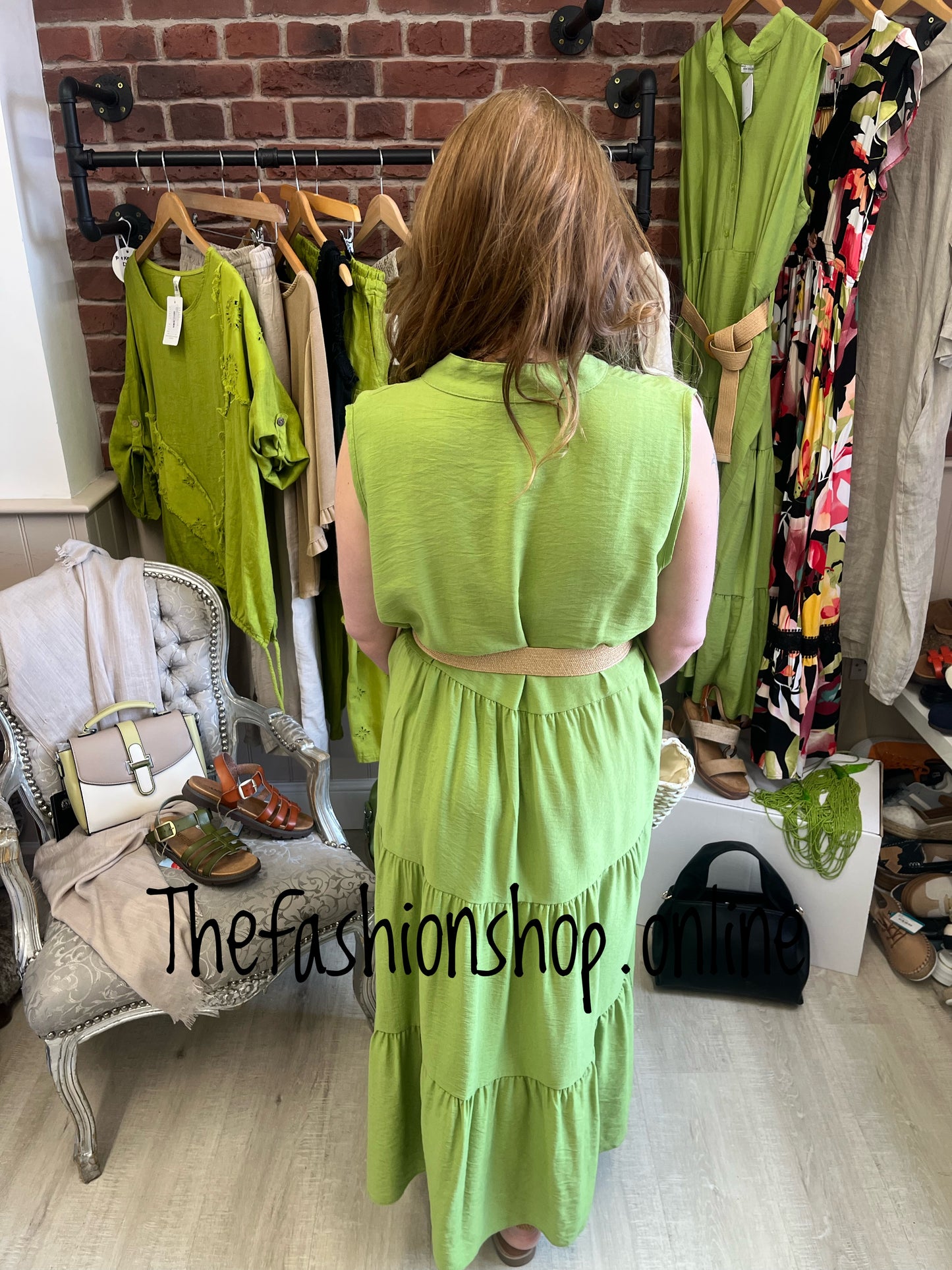 Leona lime green tiered dress with belt 8-16