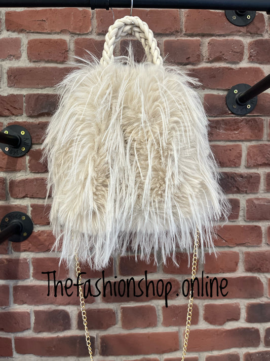 Beige faux fur shaggy tote bag