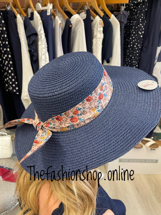 Navy summer hat with floral ribbon