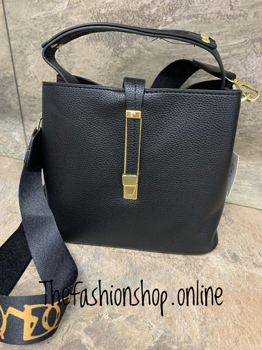 Black small bucket bag with gold hardware