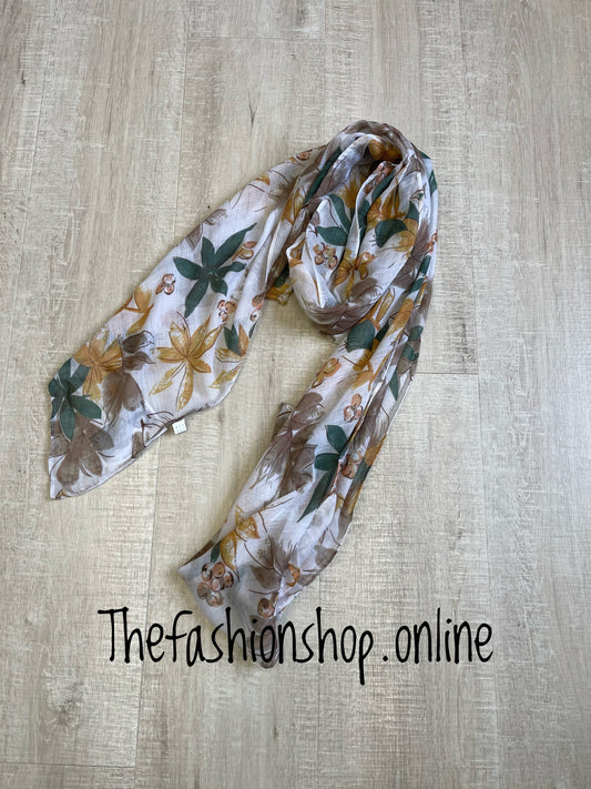 Khaki, brown and mustard leaves scarf