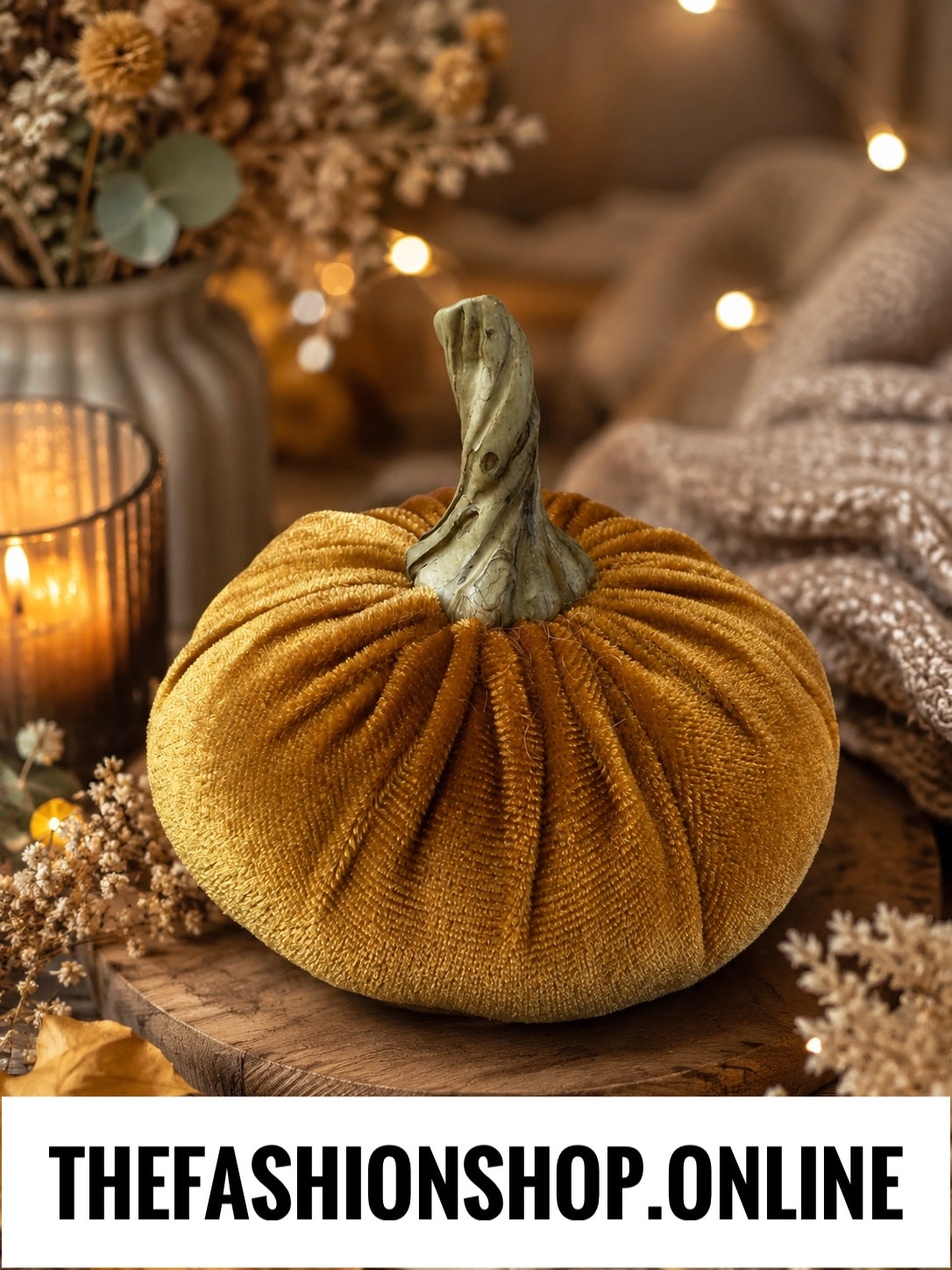 Candlelight Small Velour Pumpkin in Caramel