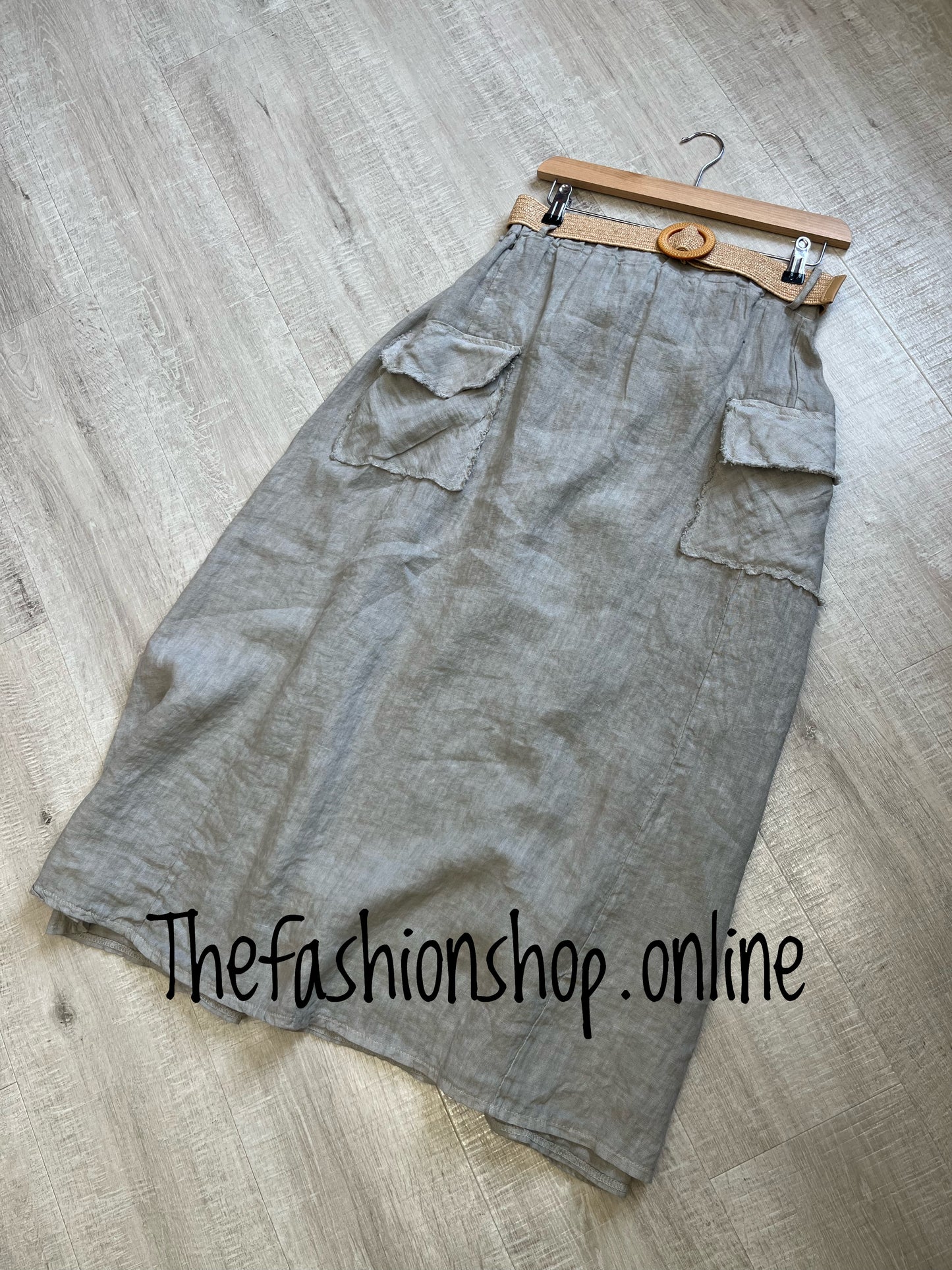 Amber mocha linen skirt with belt 10-18