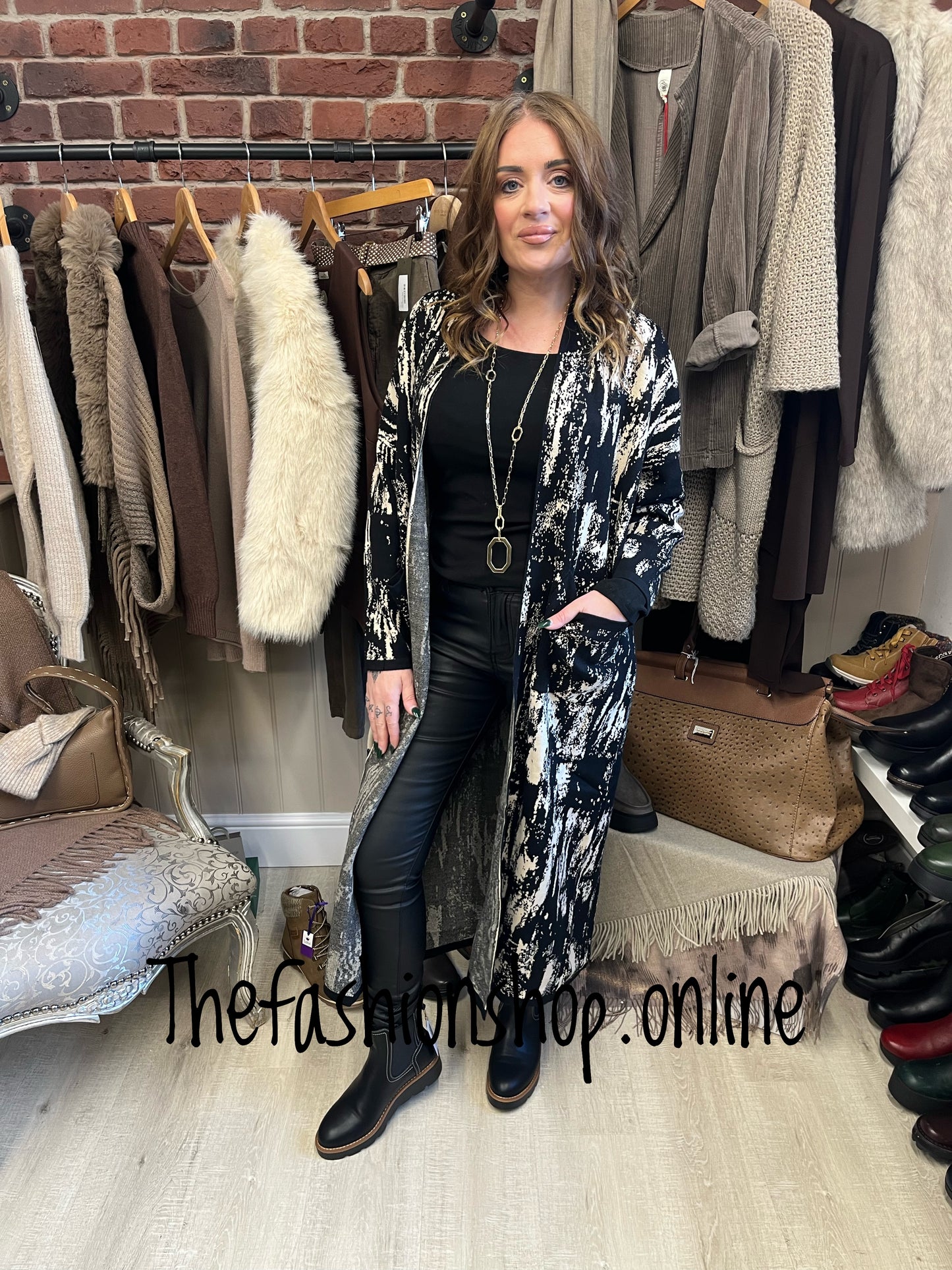 Sarah Tempest black and cream patterned coatigan 10-18