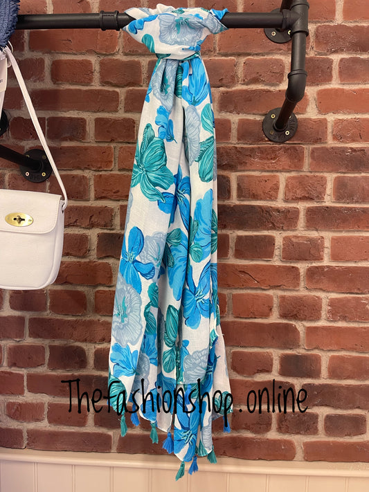 Blue and green floral tassel scarf