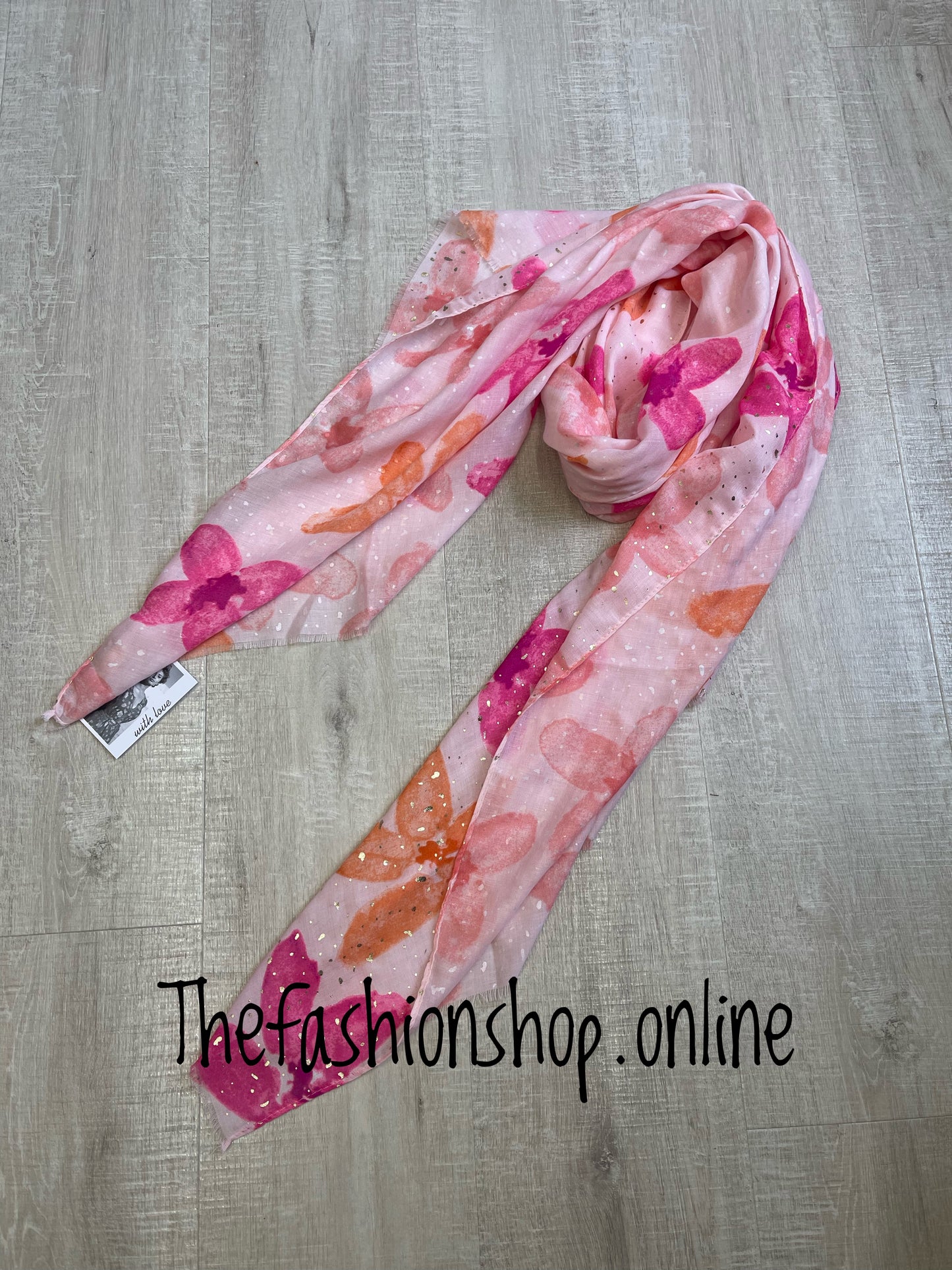 Pink and orange floral scarf with gold flecks