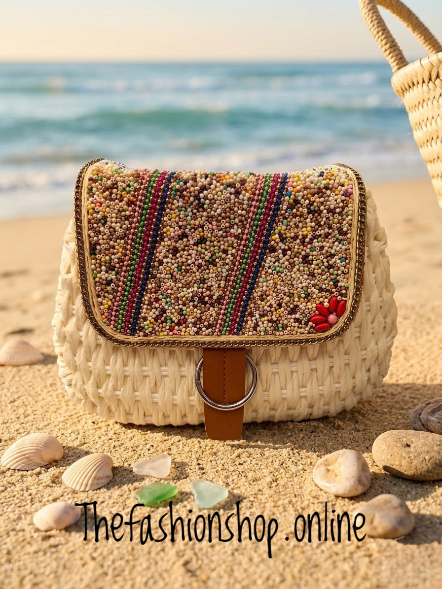 The Moroccan Cream Beaded Straw crossbody Bag