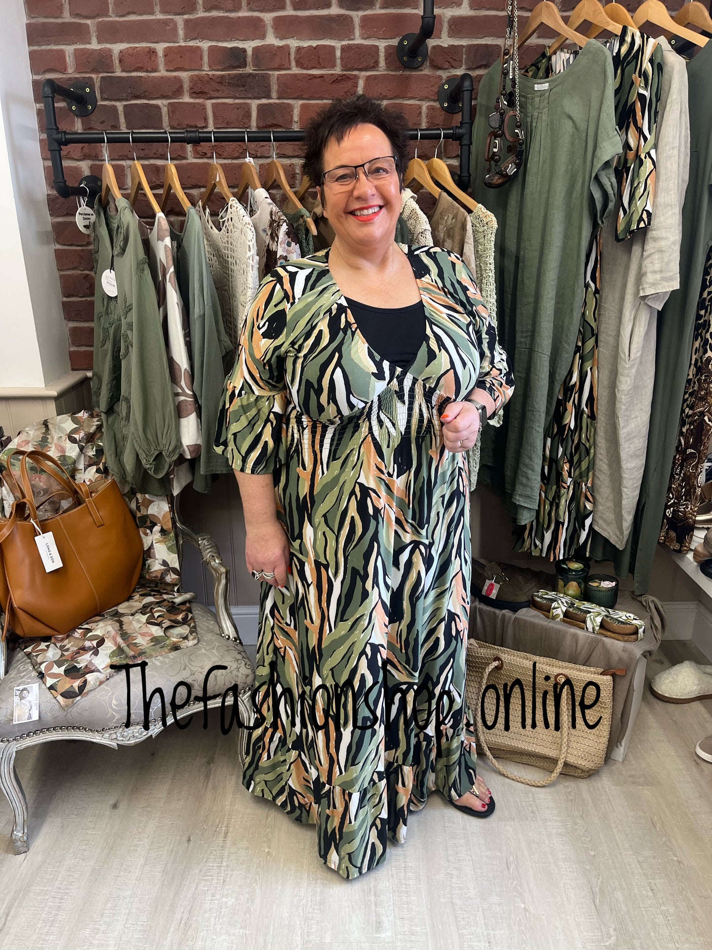 Nora khaki abstract print midi dress sizes 10-12, 14-16 and 18