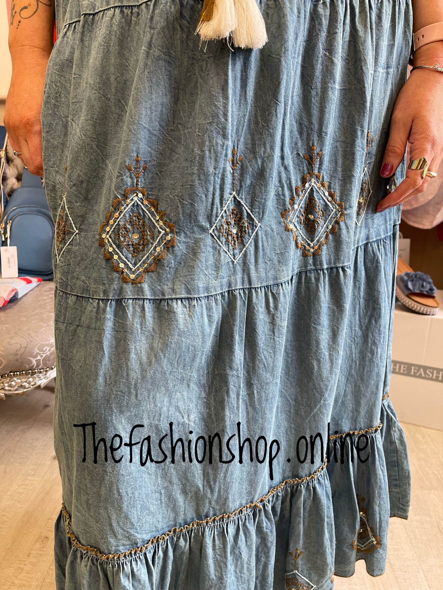 Denim embroidered tiered skirt 8-12, 14-16, 18-20