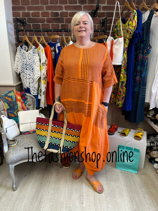 Orange Funky Striped Linen Dress 14-22