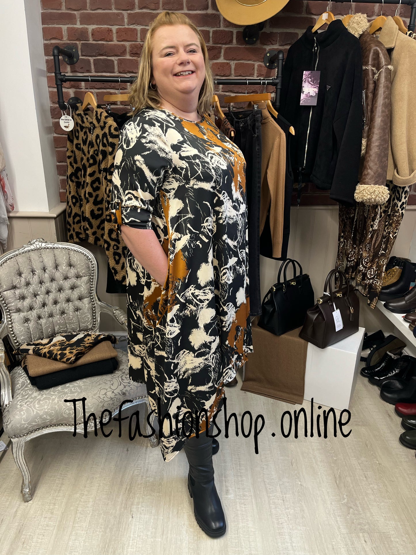 Molly camel abstract tunic dress 14-20