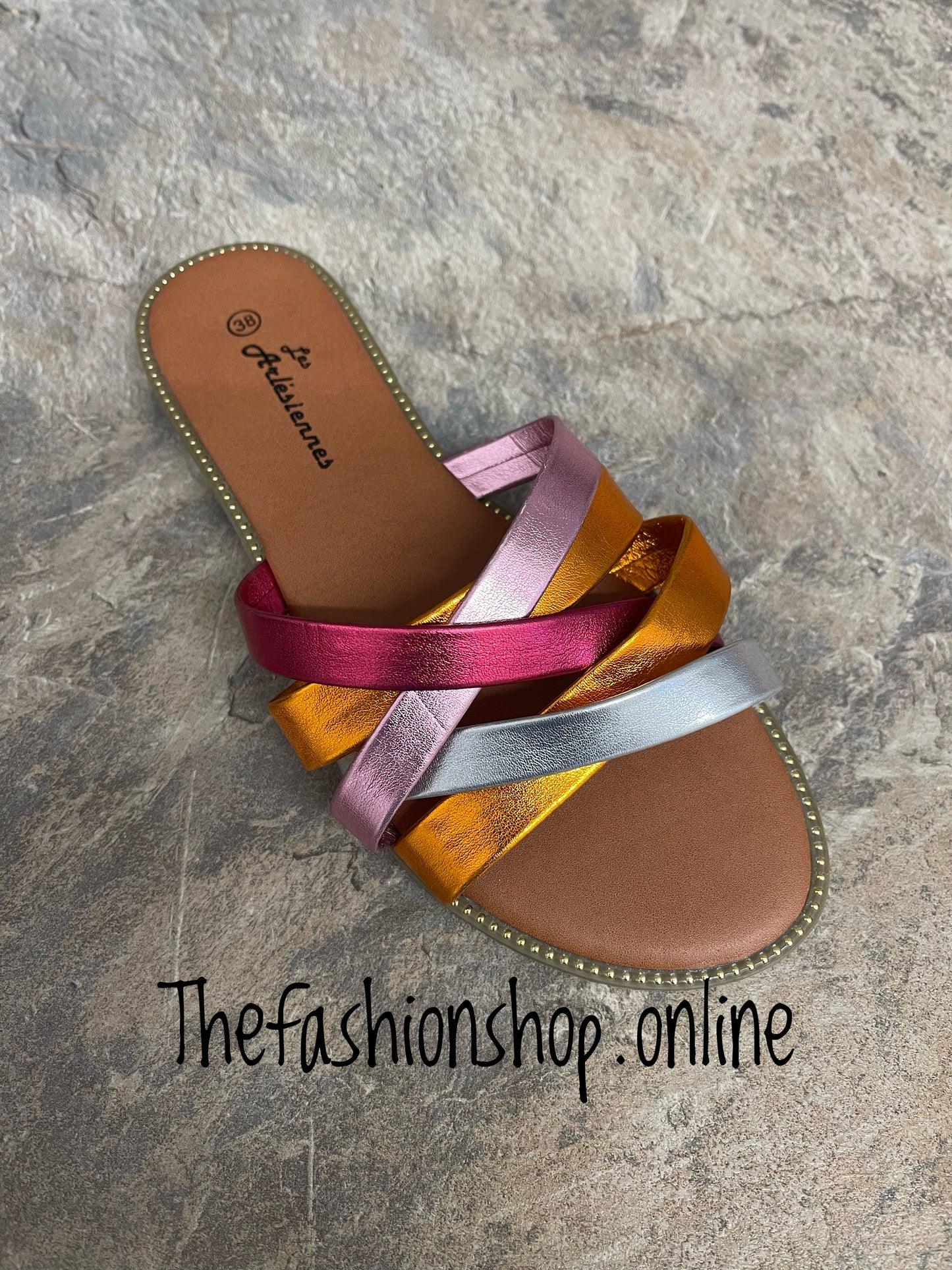 Multicoloured metallic slip on sandal sizes 3.5-7