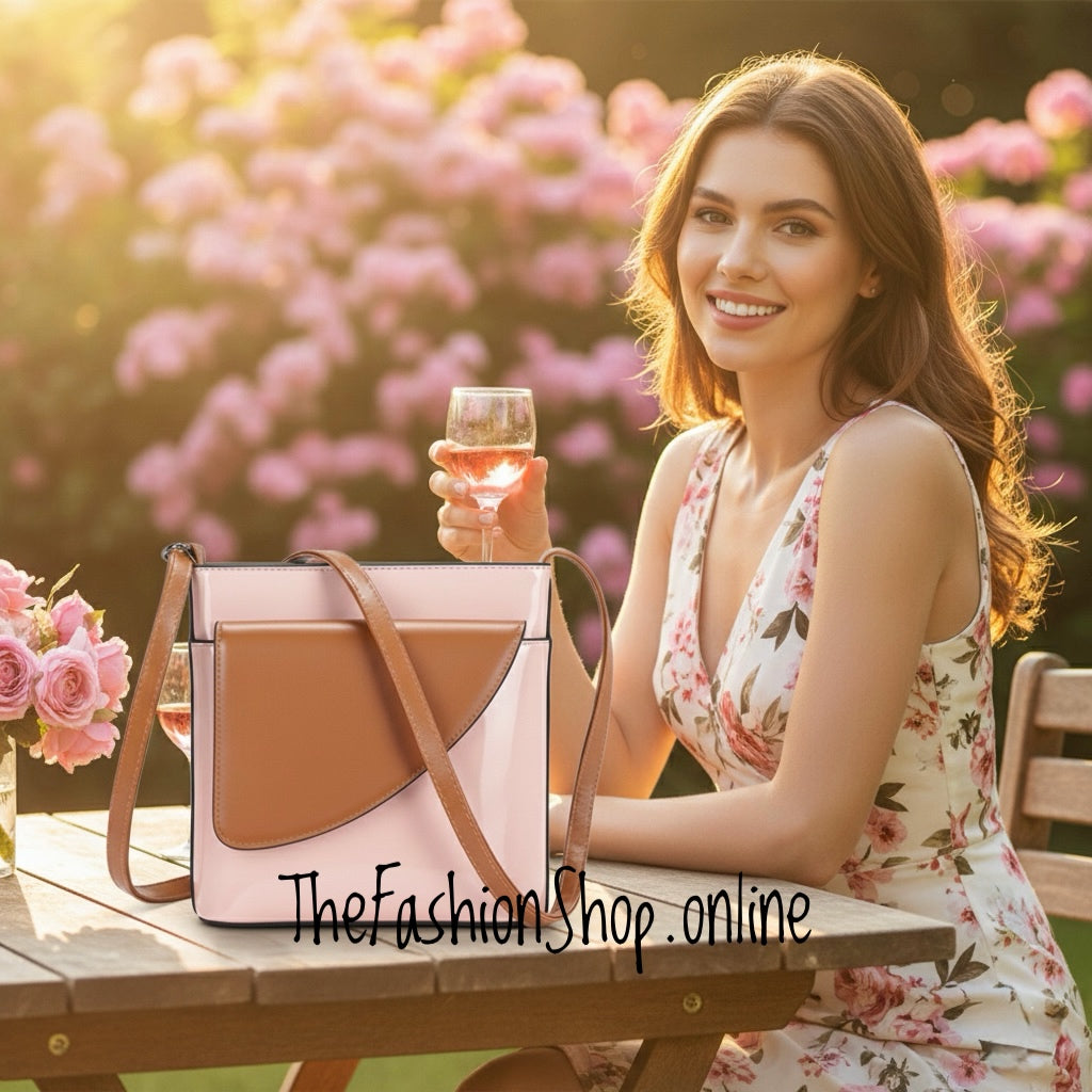 Ladies Binocular Cross Body Bag in Pink and Tan