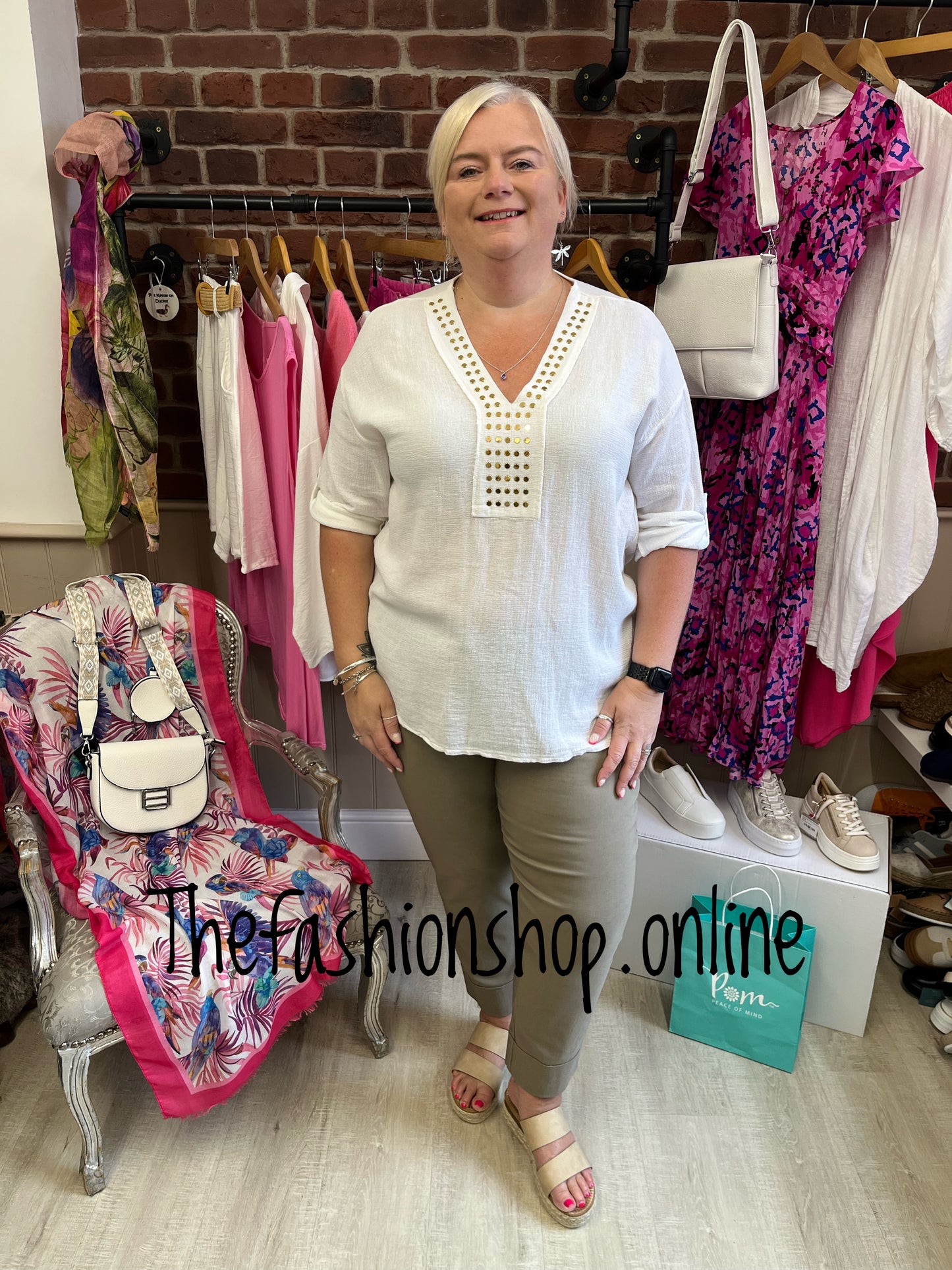 Zoe white linen mix studded top 12-20
