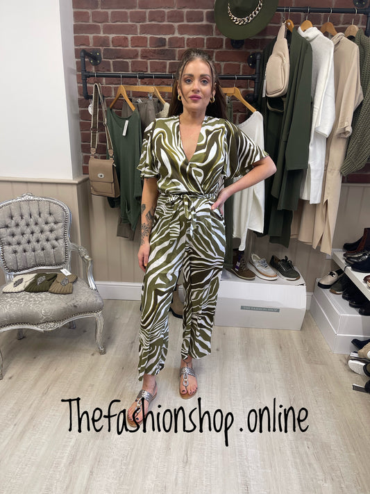 AX Paris Olive print tie waist jumpsuit sizes 8-16