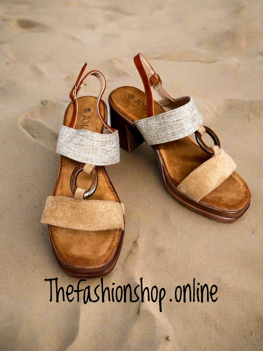 Camel block heel sandal sizes 3-8