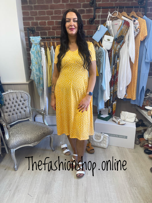 Yellow ditsy floral summer jersey stretchy dress sizes 12-18