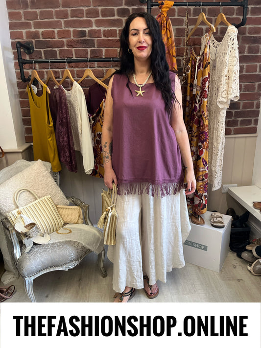 Saskia mulberry linen mix tassel top 16-20