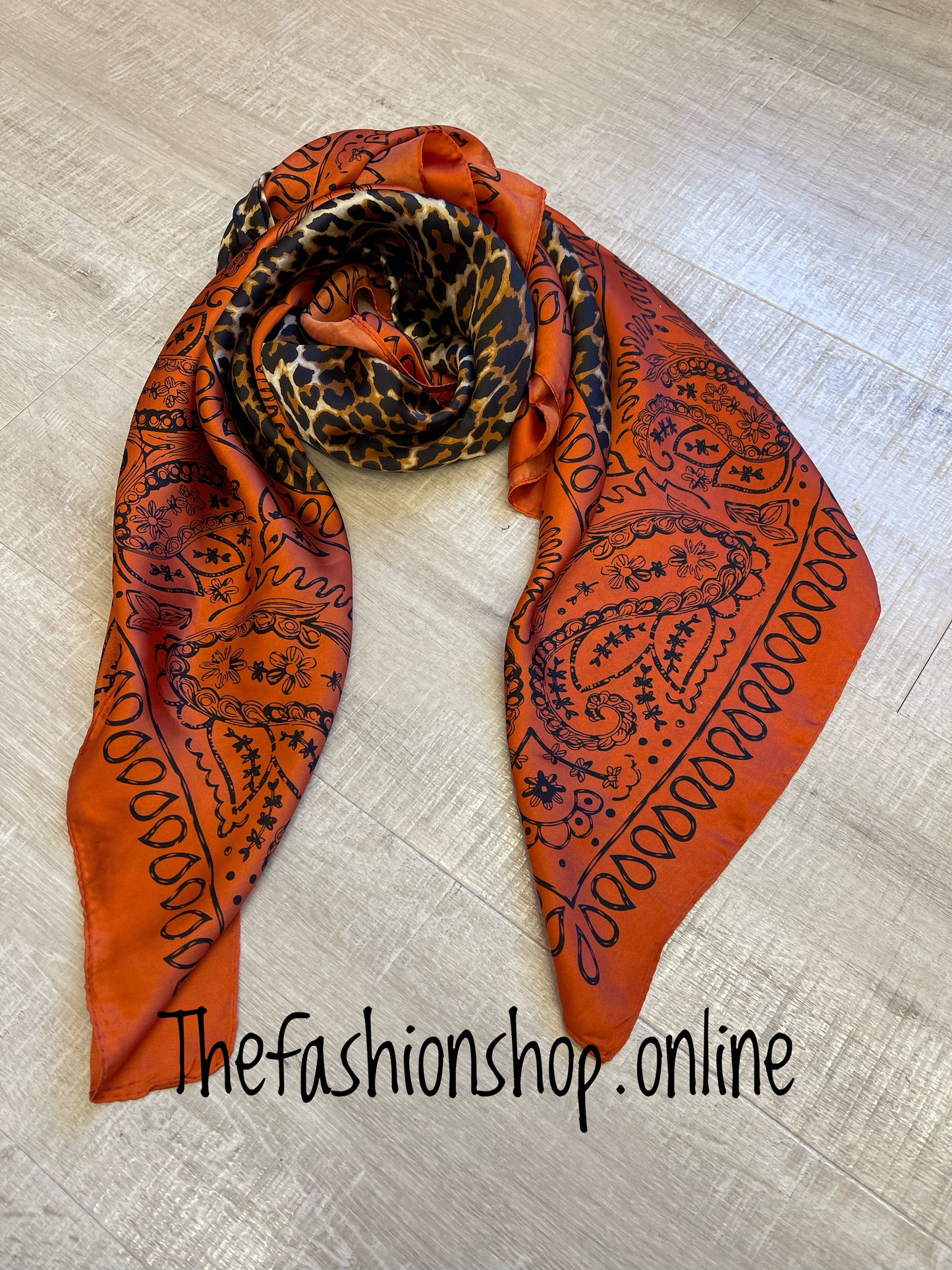 Rust and leopard print silky square scarf
