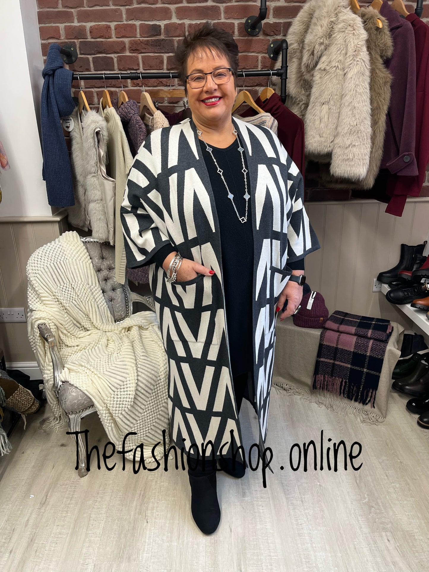 Sarah Tempest charcoal and cream Aztec coatigan 10-22