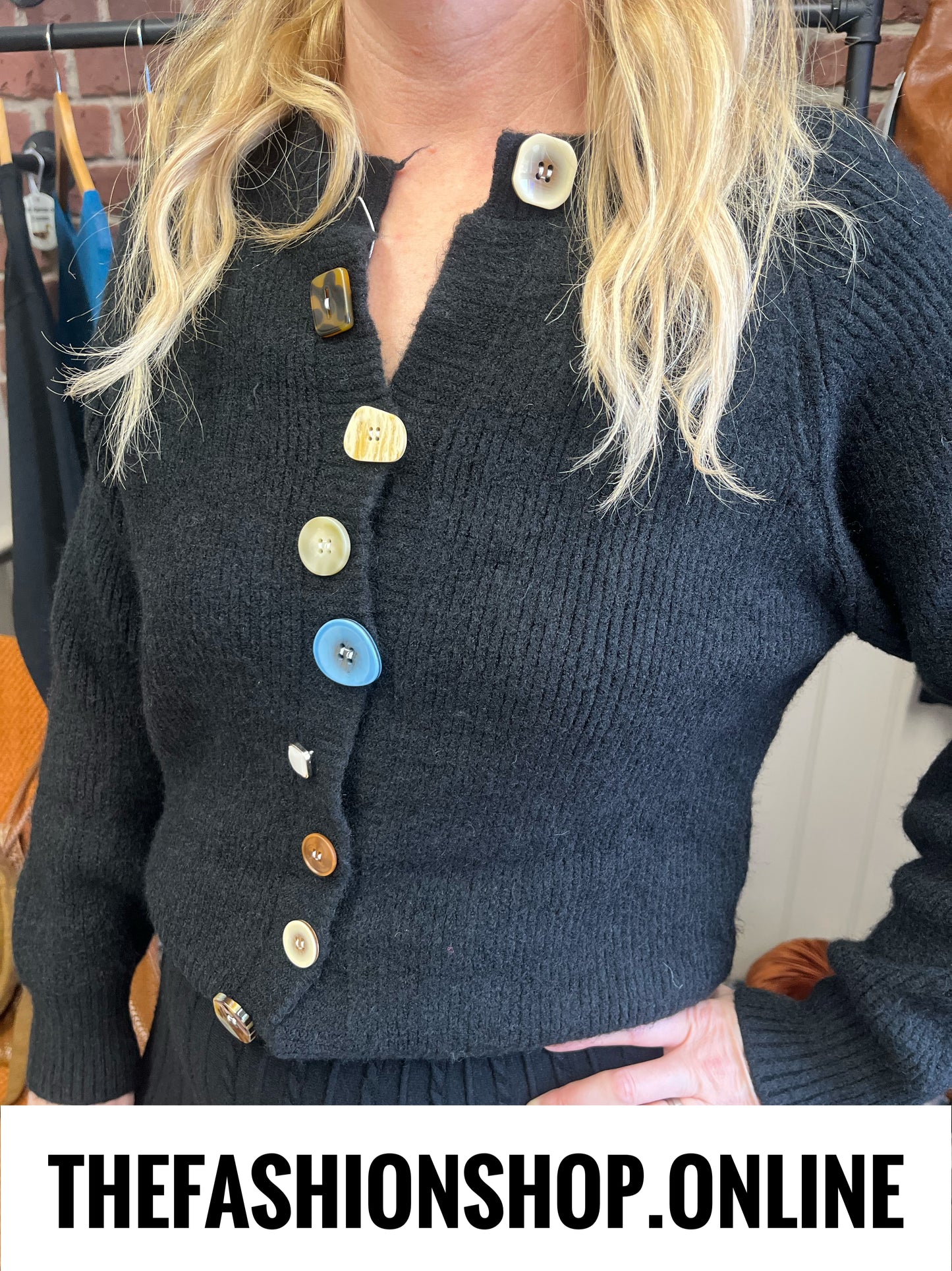 Wonky button cardigan in black 8-14