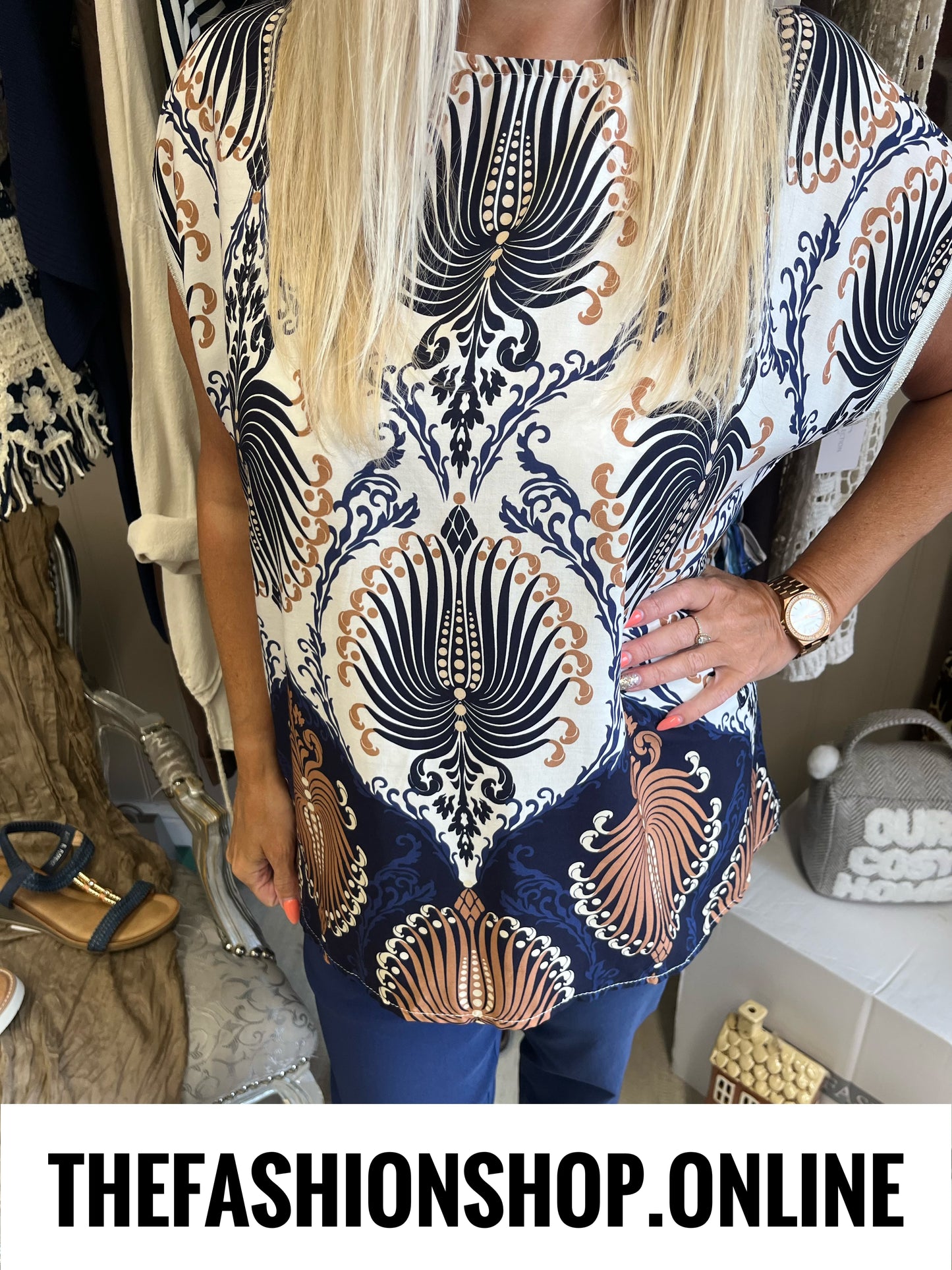 Isabella navy and tan damask top 10-16