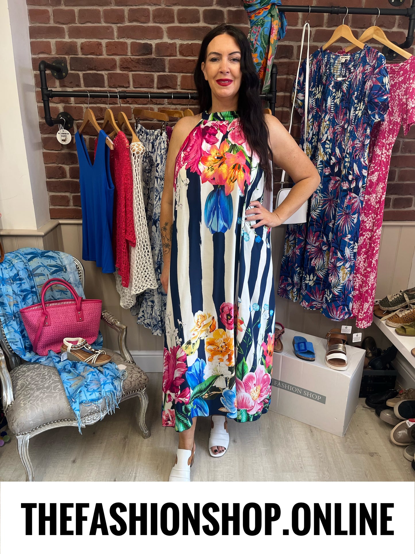 Deena navy striped floral dress 12-20