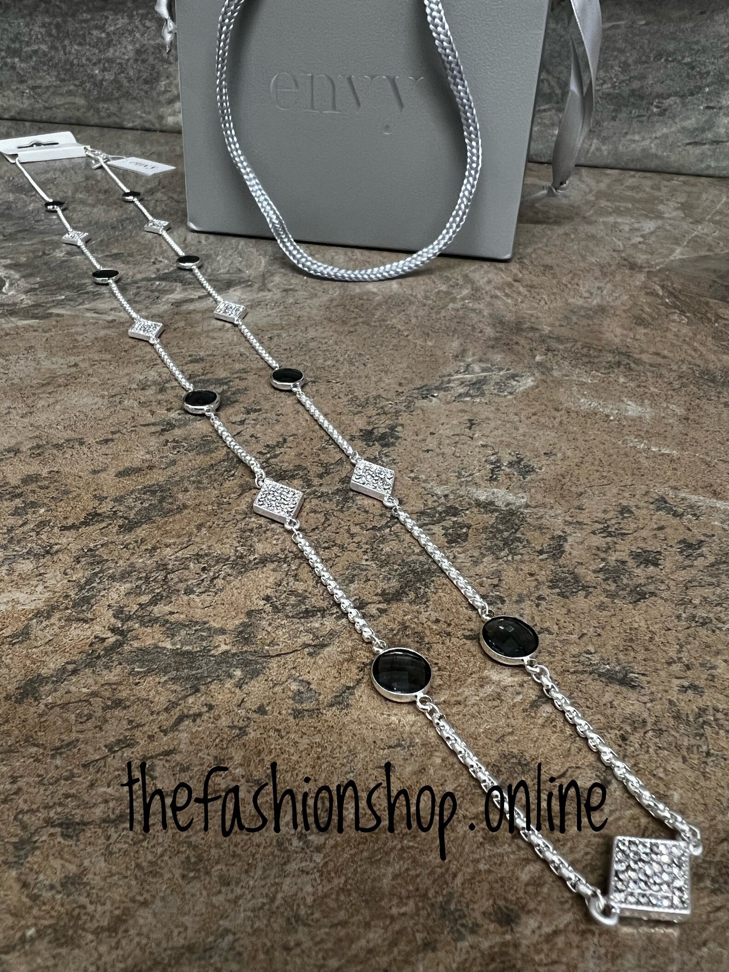 Envy crystal and grey stones long necklace