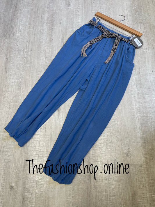 Denim blue linen mix trousers with belt 10-16