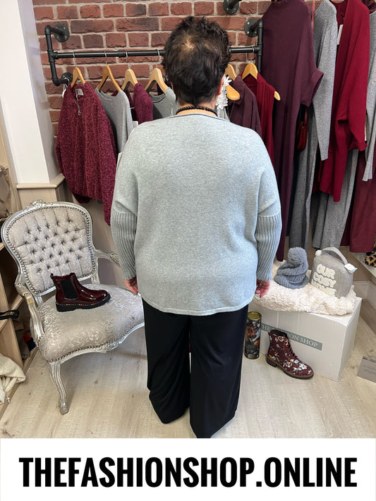 Faye grey cashmere mix ribbed sleeve jumper 14-22