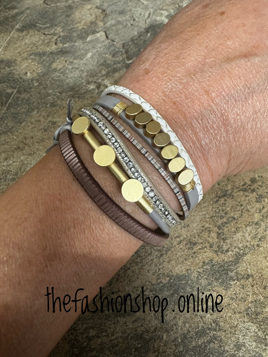 Sarah Tempest leather discs and ovals magnetic bracelet.