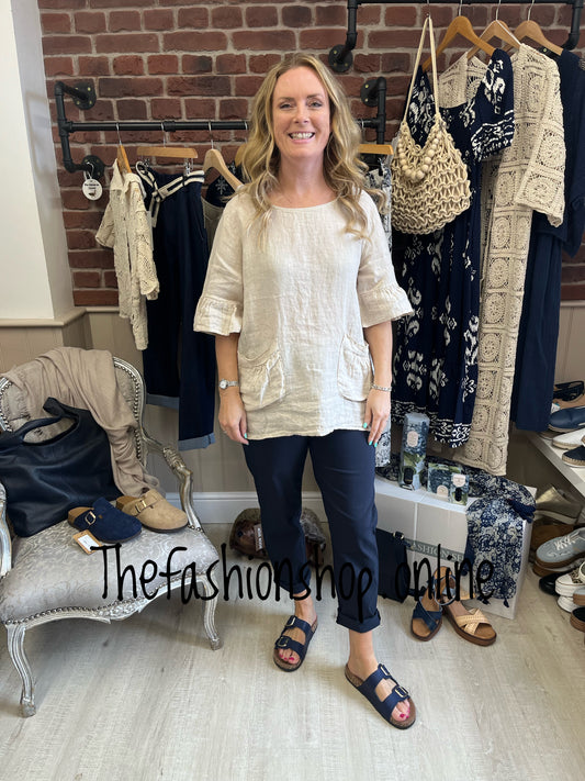 Stone linen double pocket top 10-14