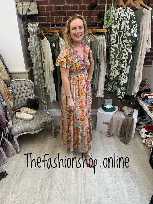Coral silk vintage tassel dress 8-16