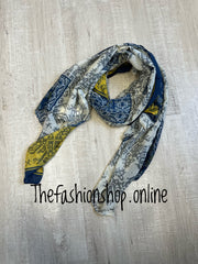 Mustard and navy Aztec print scarf