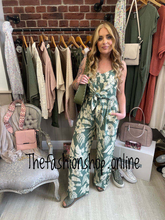 Pamela khaki and cream tie front jumpsuit sizes 8, 10, 12, and 14