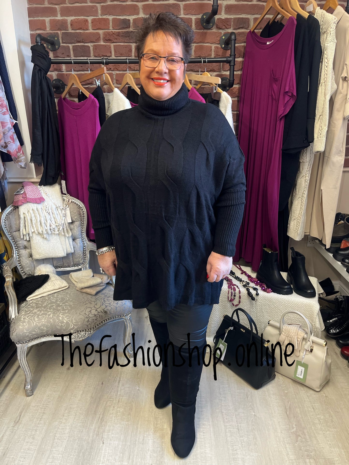 Amelia Black cable knit polo jumper 12-22