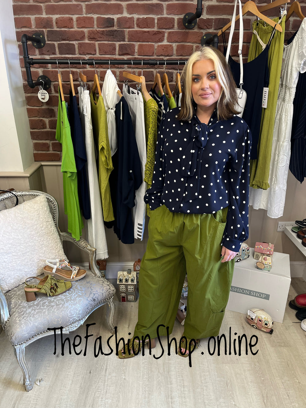 Natalie navy and white spot tie neck blouse 10-14