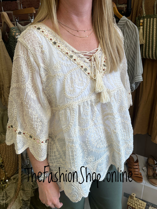 Amelia cream embroidered smock 10-14