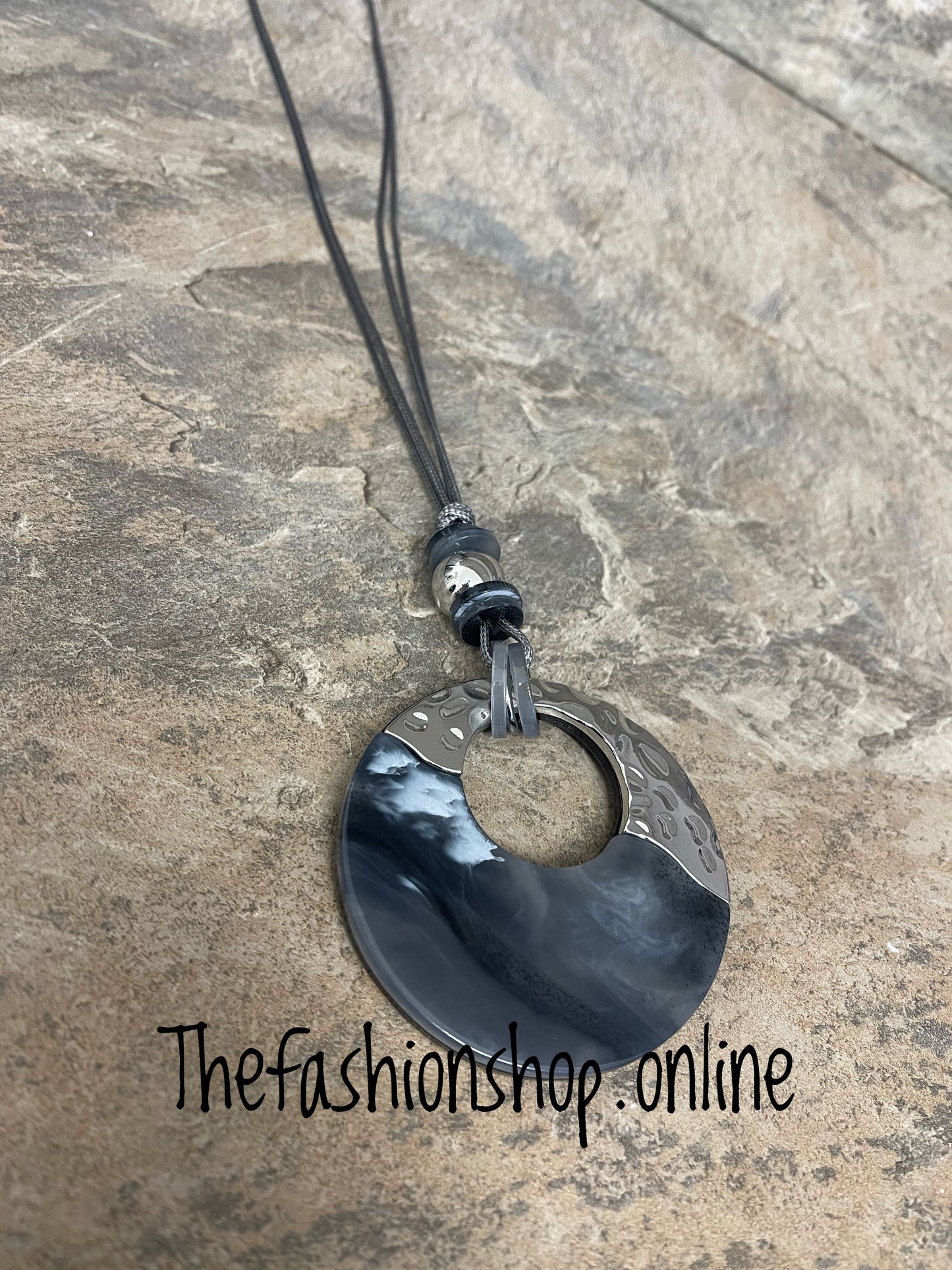 Grey and silver double cord disc necklace