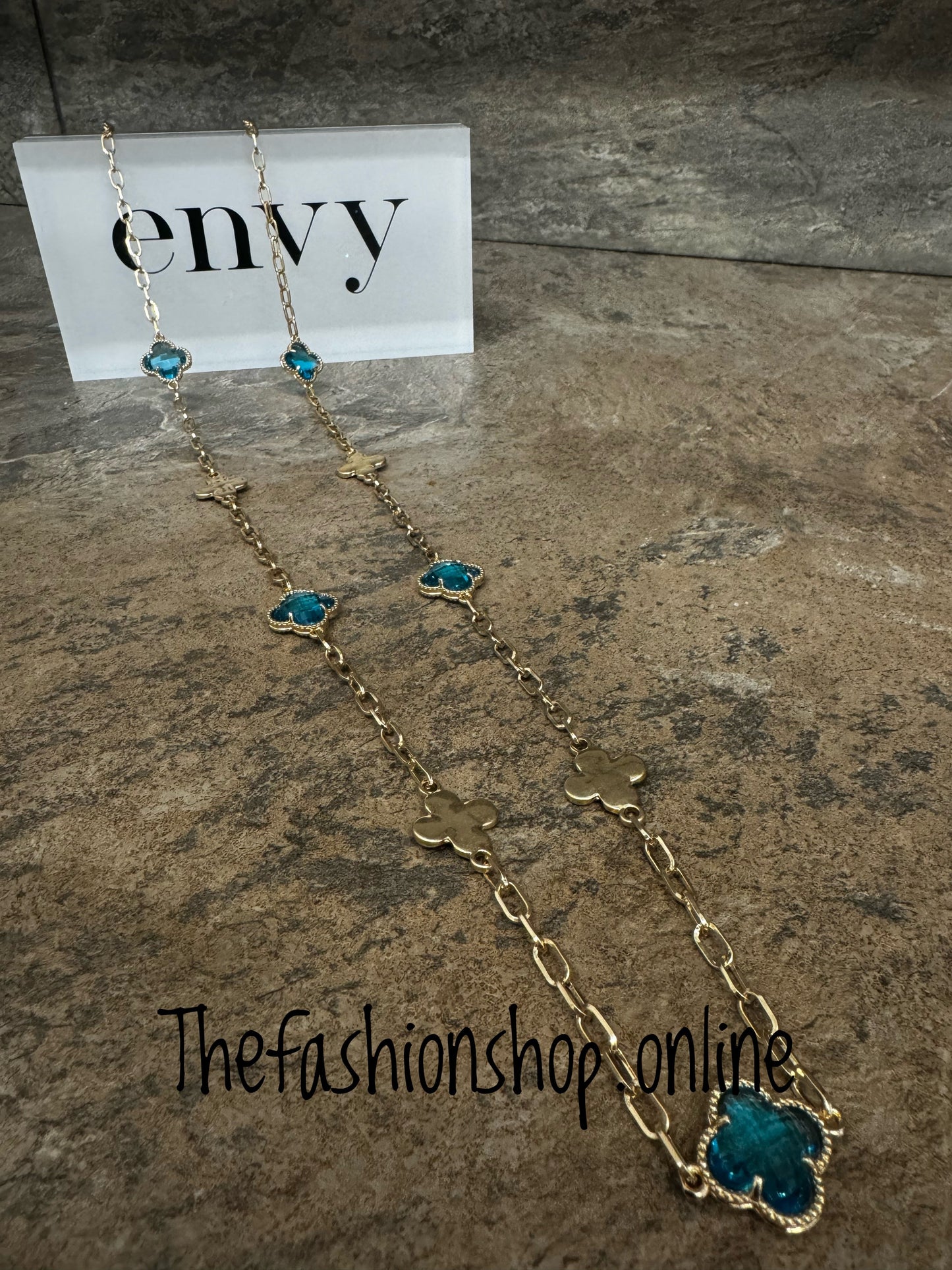 Envy long gold and turquoise clover necklace