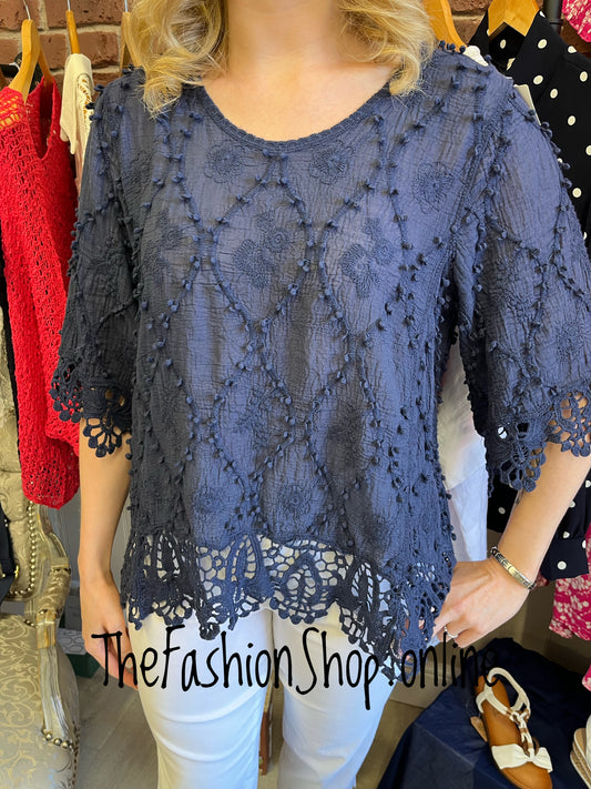 Eleanor navy lace hem top 10-16