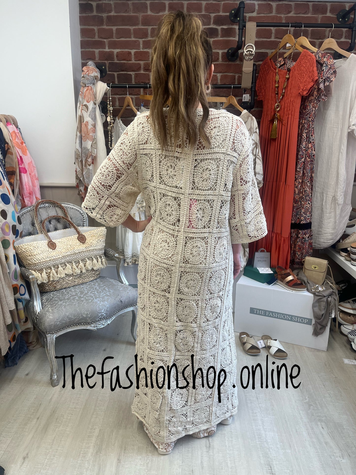 Beige open knit longline jacket  10-12, 14-16