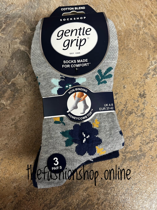 3 pack grey and navy flowers soft grip cotton rich socks 4-8