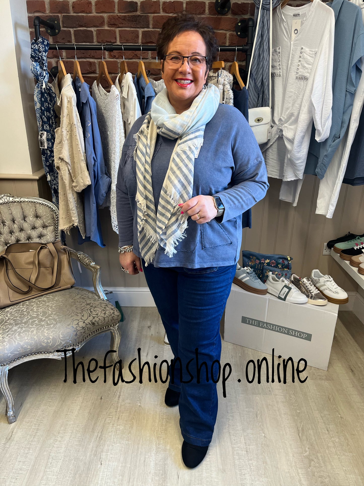 Imogen denim blue bow sweatshirt 10-14 and 16-20