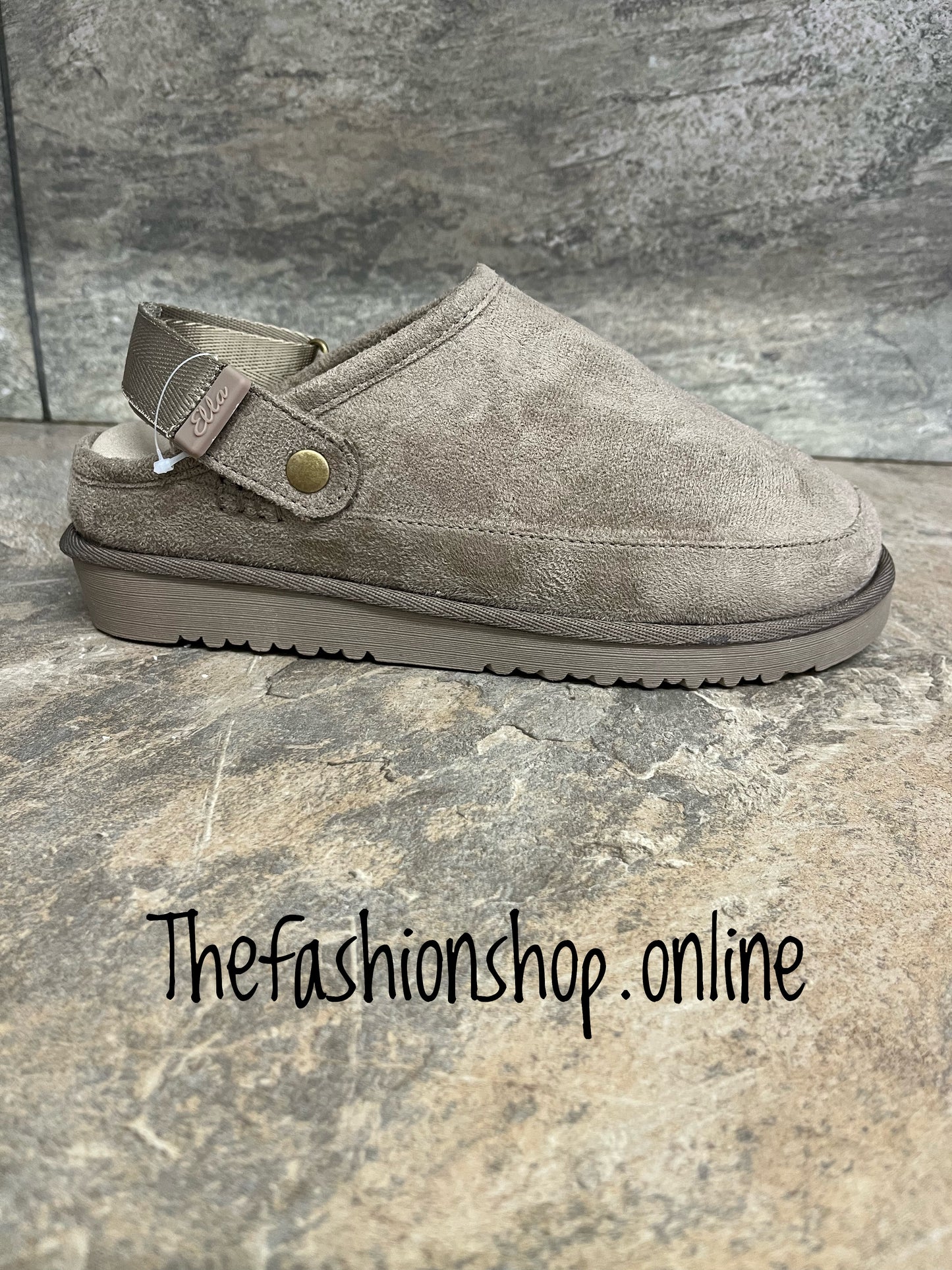 Ella Evie taupe ankle strap clog mules sizes 4-8