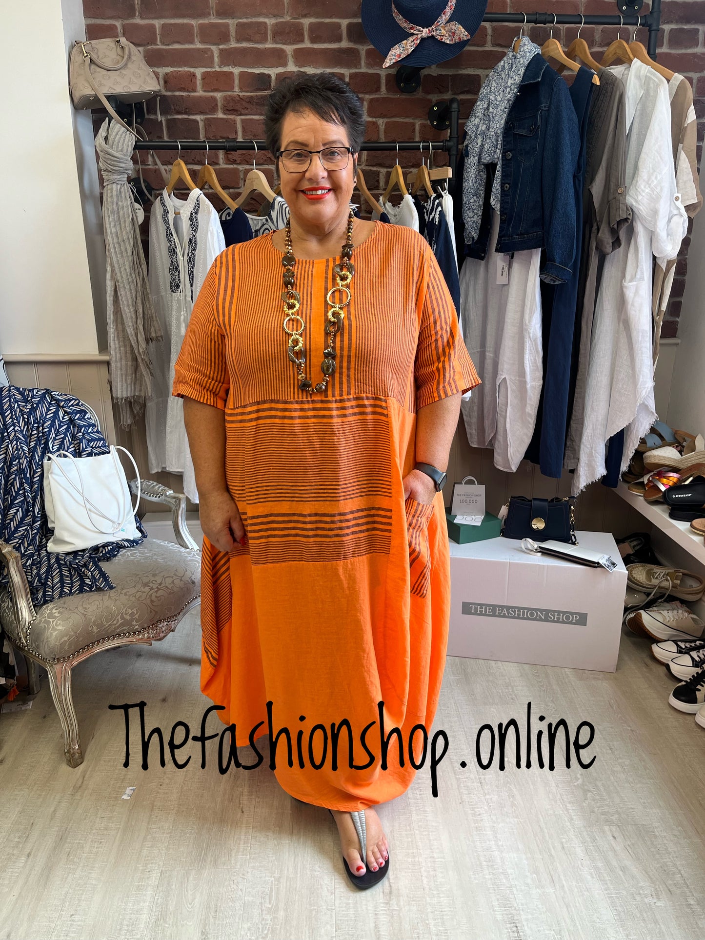 Orange Funky Striped Linen Dress 14-22