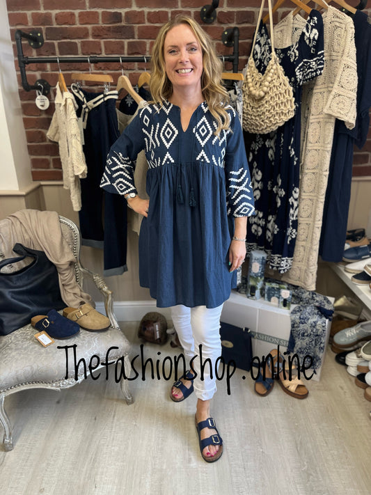 Navy and white embroidered smock sizes 10, 12 and 14