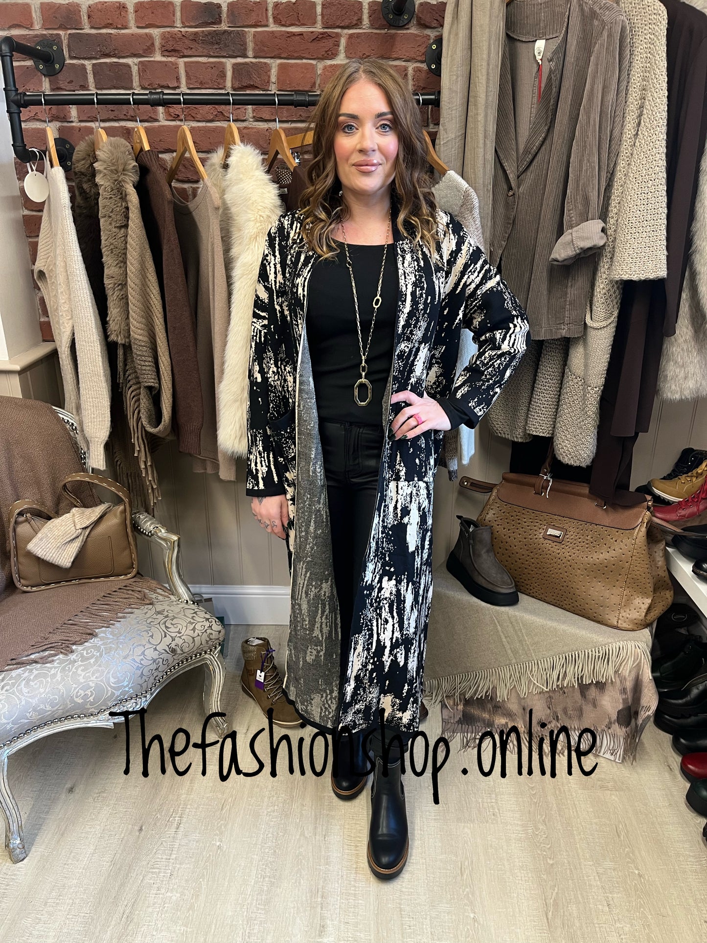 Sarah Tempest black and cream patterned coatigan 10-18